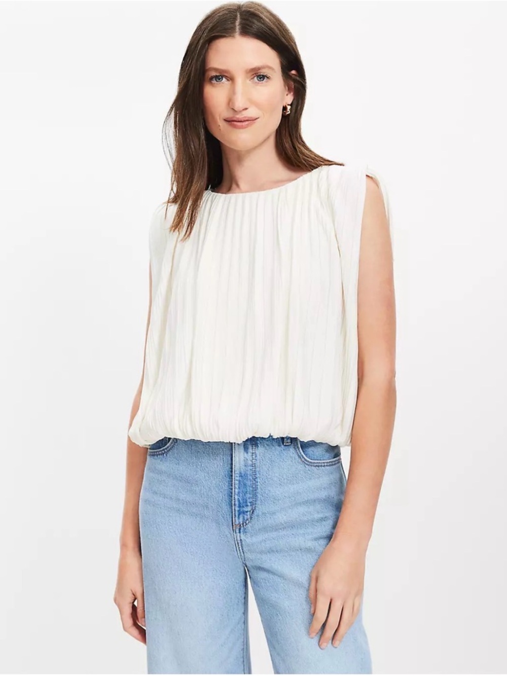 LOFT Cream Sleeveless Pleated Blouse